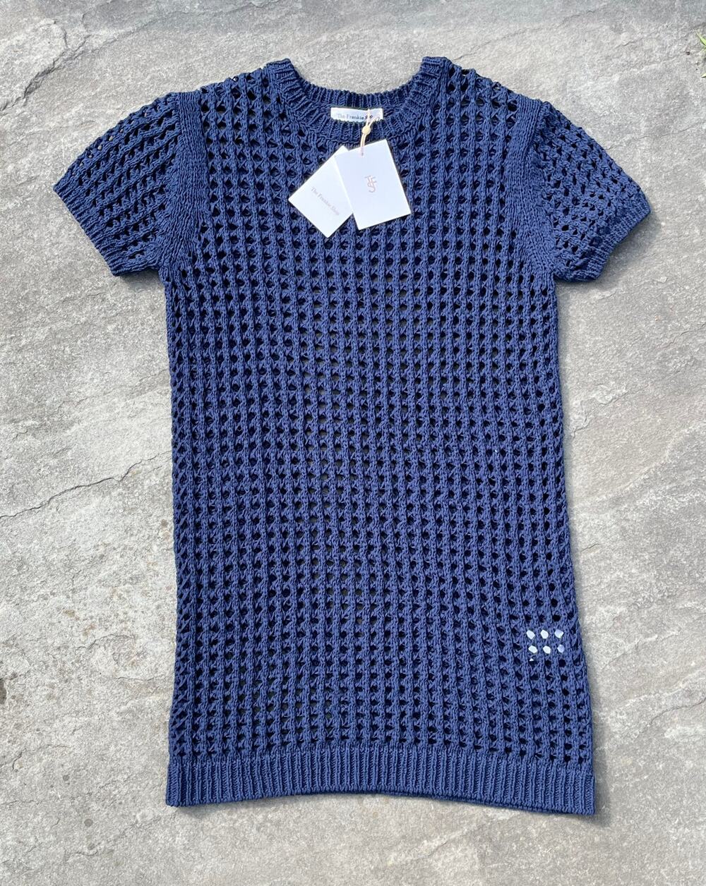 NWT The Frankie Shop Ari Knit Mini Dress Navy XS/S Crochet Cover Up